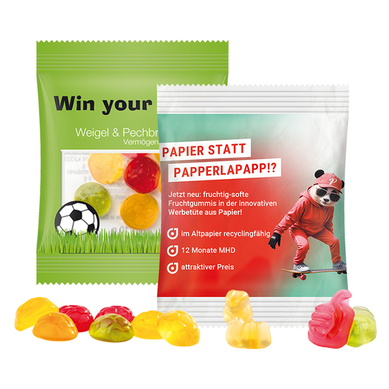 Minitüte 10 g Trolli Fruchtgummi Standardformen; Trolli Fruchtgummi Autos, Kompostierbare Folie, weiß