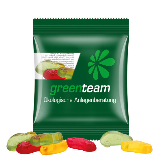 Minitüte 10 g Trolli Fruchtgummi Standardformen; Trolli Fruchtgummi Autos, Kompostierbare Folie, transparent