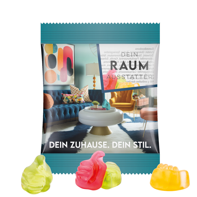 Minitüte 10 g Trolli Fruchtgummi Standardformen; Trolli Fruchtgummi Daumen, Folie, transparent