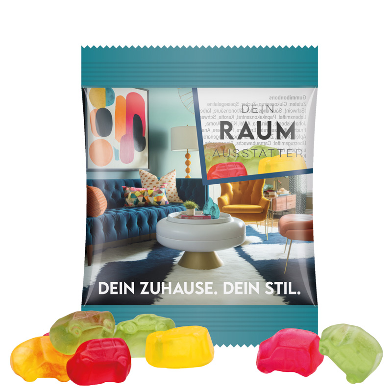 Minitüte 10 g Trolli Fruchtgummi Standardformen; Trolli Fruchtgummi Auto-Mischung, Folie, transparent