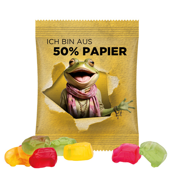 Minitüte 10 g Trolli Fruchtgummi Standardformen; Trolli Fruchtgummi Auto-Mischung, Folie mit ca. 50% Papieranteil, weiß