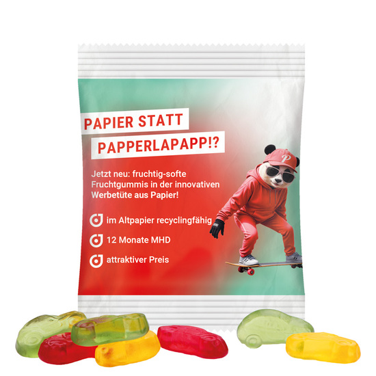 Minitüte 10 g Trolli Fruchtgummi Standardformen; Trolli Fruchtgummi Autos, recyclingfähiges Papier, weiß