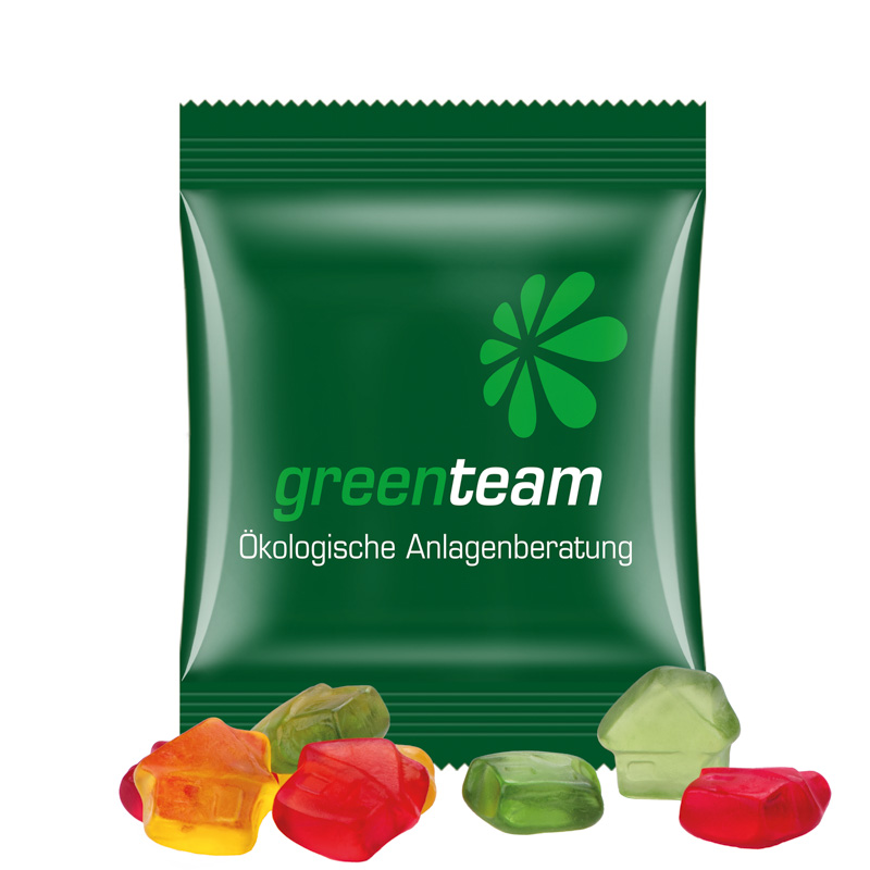 Minitüte 15 g Trolli Fruchtgummi Standardformen; Trolli Fruchtgummi Haus, Kompostierbare Folie, weiß