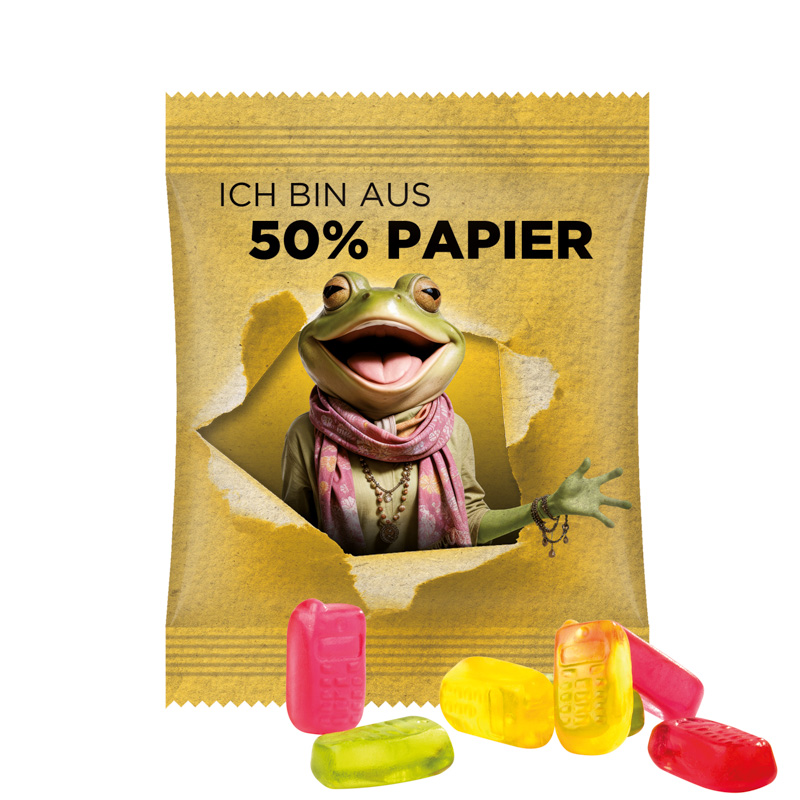 Minitüte 15 g Trolli Fruchtgummi Standardformen; Trolli Fruchtgummi Handy, Folie mit ca. 50% Papieranteil, weiß