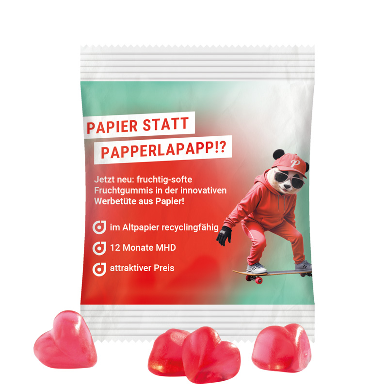 Minitüte 15 g Trolli Fruchtgummi Standardformen; Trolli Fruchtgummi Herz rot, recyclingfähiges Papier, weiß