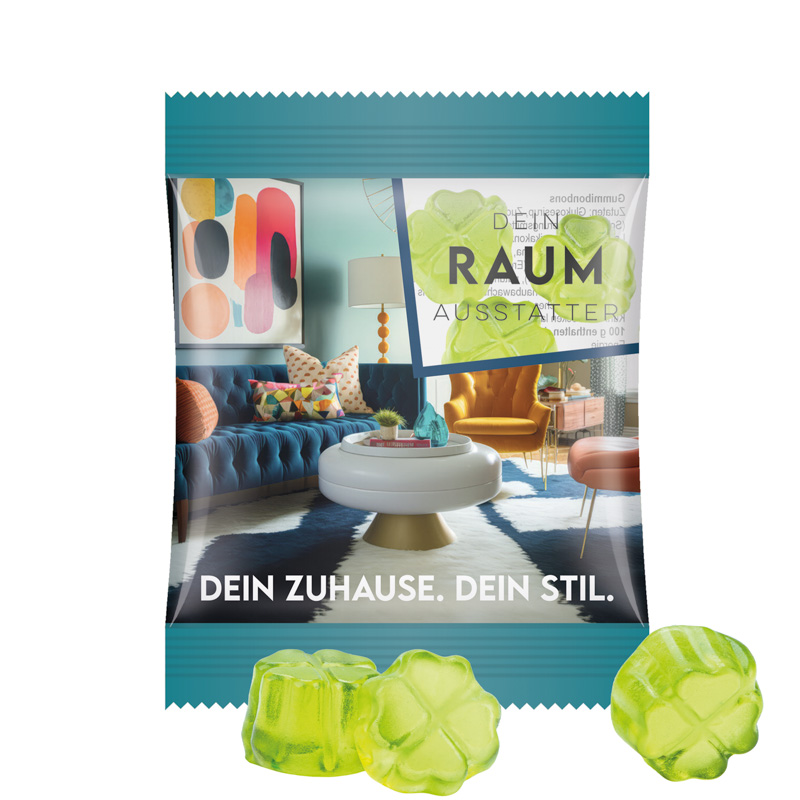 Minitüte 15 g Trolli Fruchtgummi Standardformen; Trolli Fruchtgummi Kleeblatt grün, Folie, transparent