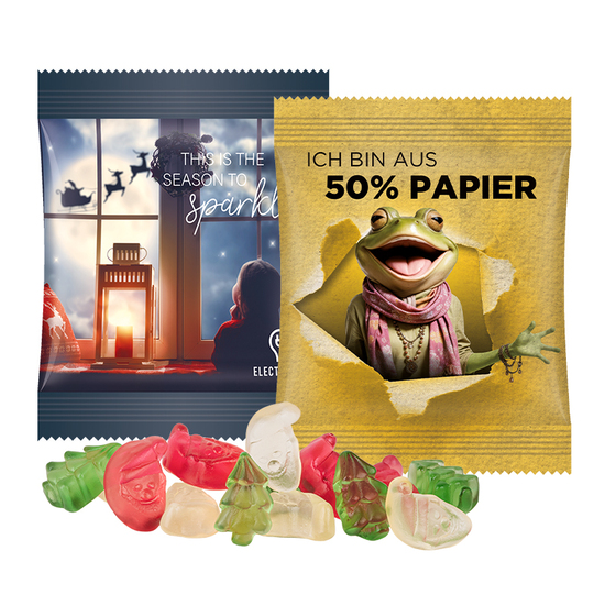 Minitüte 15 g Trolli Fruchtgummi Weihnachtsmischung; Trolli  Weihnachtsmischung (Santa Claus und Weihnachtsbaum), recyclingfähiges Papier, weiß