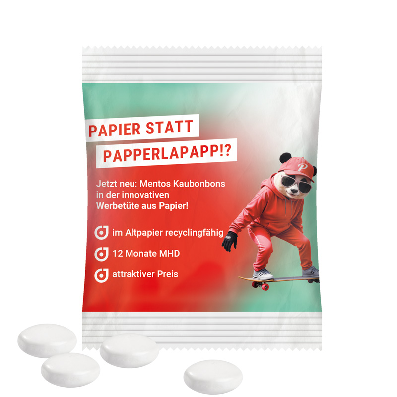 Minitüte 8 g Mentos Kaudragees; Mentos Kaudragee Mint, recyclingfähiges Papier, weiß