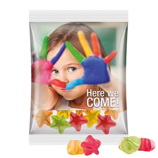 Maxitüte 50 g Trolli Trolli Fruchtgummi Sterne; recyclingfähiges Papier, weiß