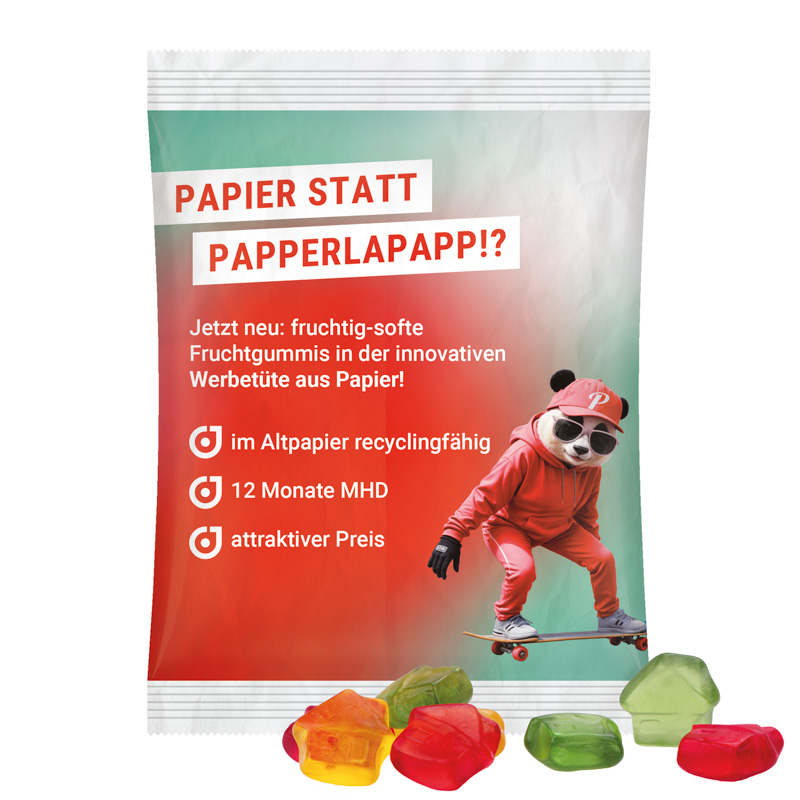 Maxitüte 50 g Trolli Trolli Fruchtgummi Haus; Folie mit ca. 50% Papieranteil, weiß