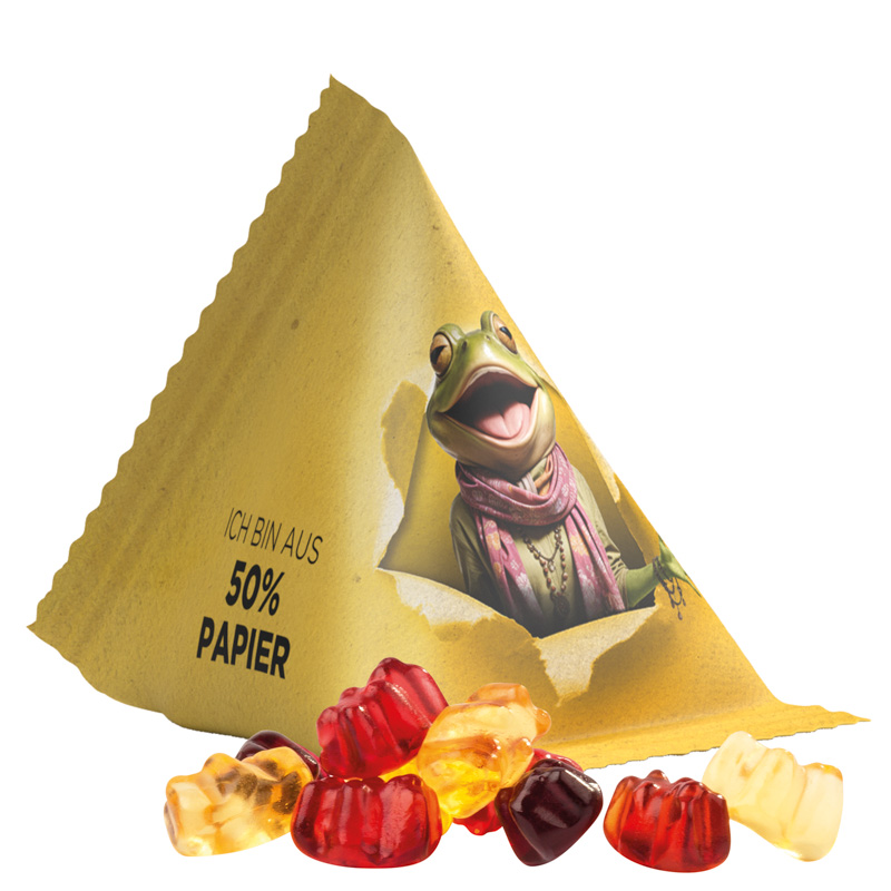 Tetraeder 15 g Trolli 30% Fruchtsaft Bärchen; Trolli Gummibärchen, 30 % Fruchtsaftanteil, Folie mit ca. 50% Papieranteil, weiß