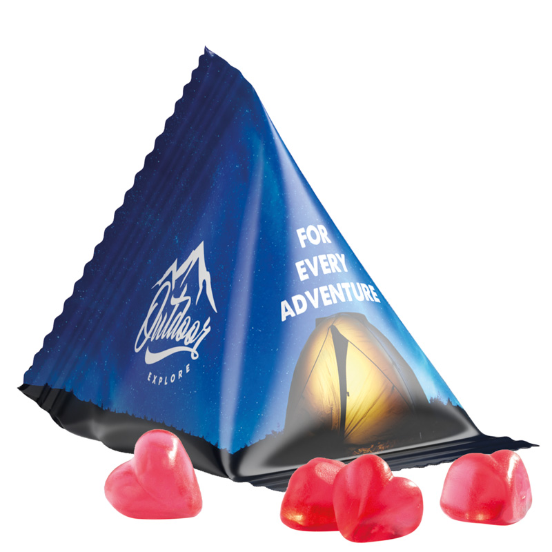 Tetraeder 15 g Trolli Fruchtgummi Standardformen; Trolli Fruchtgummi Herz rot, Folie, weiß
