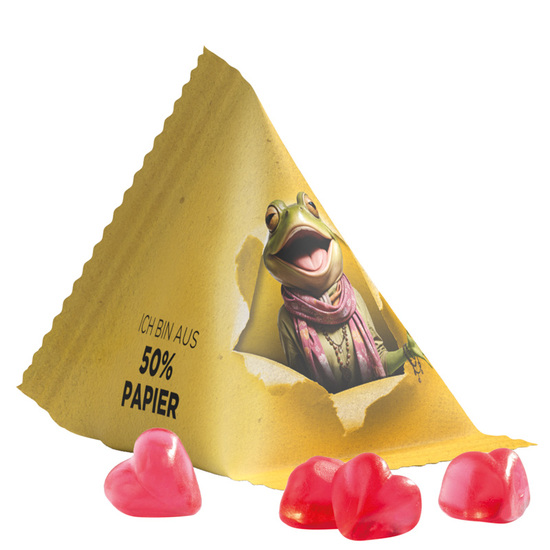 Tetraeder 15 g Trolli Fruchtgummi Standardformen; Trolli Fruchtgummi Herz rot, Folie mit ca. 50% Papieranteil, weiß