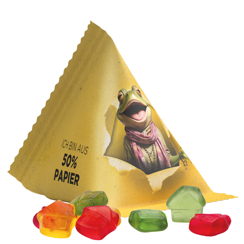 Tetraeder 15 g Trolli Fruchtgummi Standardformen; Trolli Fruchtgummi Haus, Folie mit ca. 50% Papieranteil, weiß