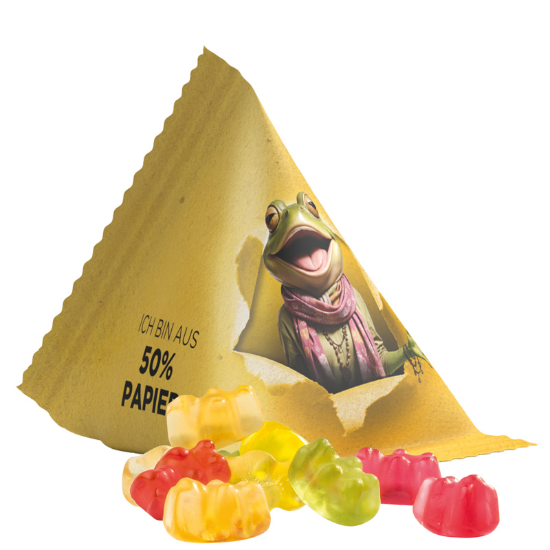 Tetraeder 15 g Trolli Fruchtgummi Standardformen; Trolli Fruchtgummi Bärchen, Folie mit ca. 50% Papieranteil, weiß