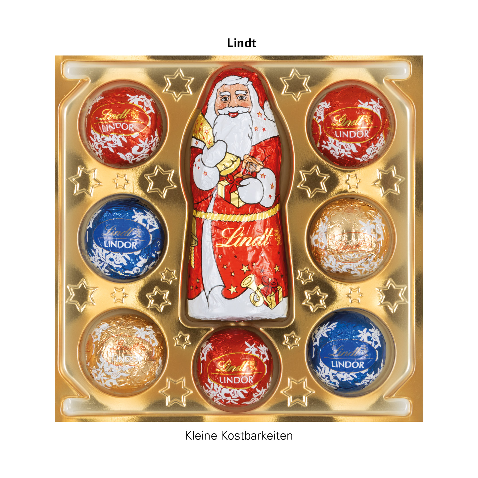 Lindt Präsent; 9 Lindt Mini Pralinés mit Werbeschuber Tannenbaum: Karton, weiß, FSC®-Zertifiziert, Inlay: Kunststoff