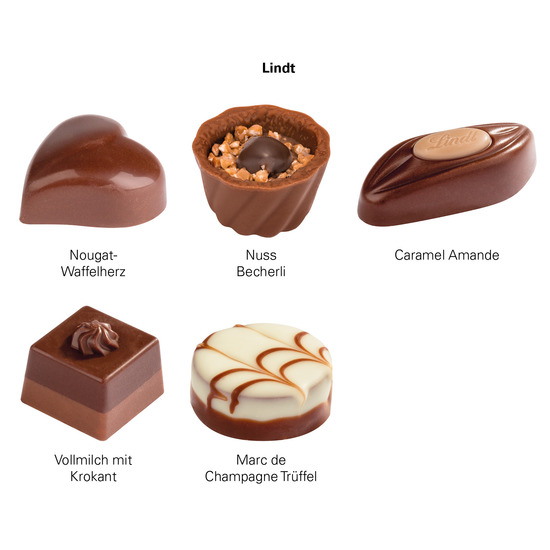 Lindt Präsent; 9 Lindt Mini Pralinés mit Werbeschuber Tannenbaum: Karton, weiß, FSC®-Zertifiziert, Inlay: Kunststoff