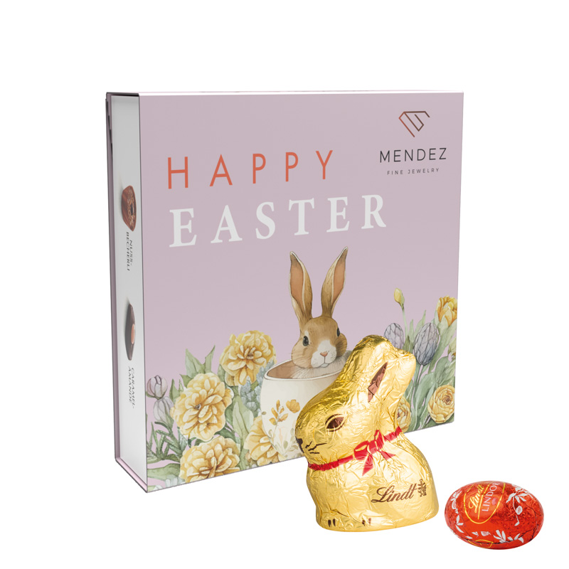 Lindt Präsent Ostern; 7 LINDOR Eiern, bunt gemischt und 1 Goldhase mit Werbeschuber Standard: Karton, weiß, FSC®-Zertifiziert, Inlay: Kunststoff