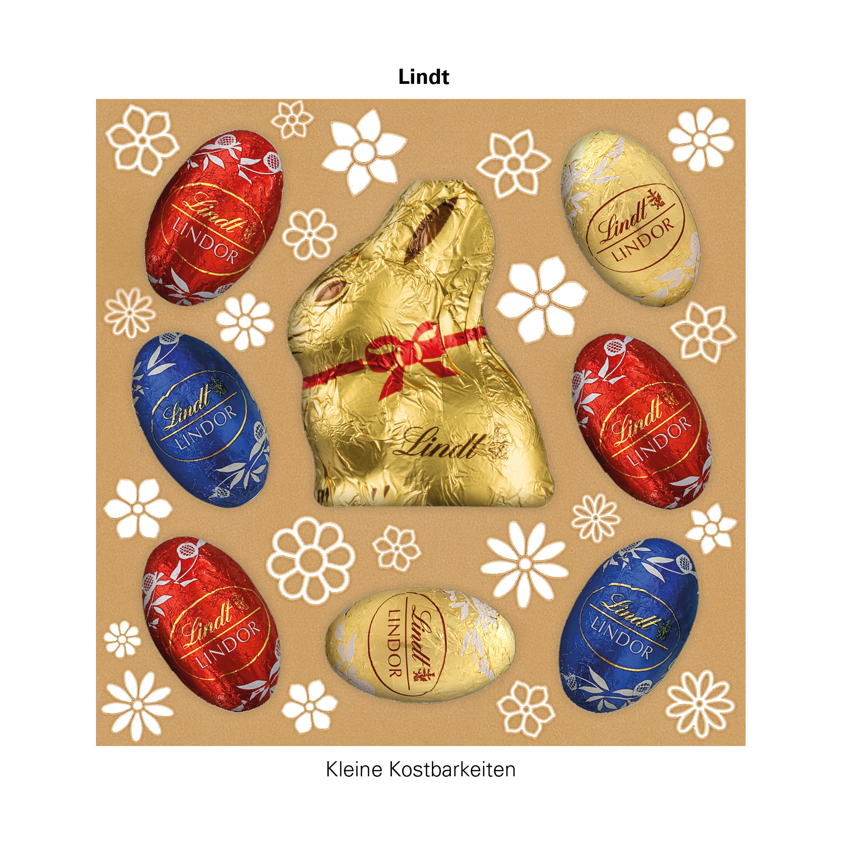 Lindt Präsent Ostern; 7 LINDOR Eiern, bunt gemischt und 1 Goldhase mit Werbeschuber Standard: Karton, weiß, FSC®-Zertifiziert, Inlay: Kunststoff