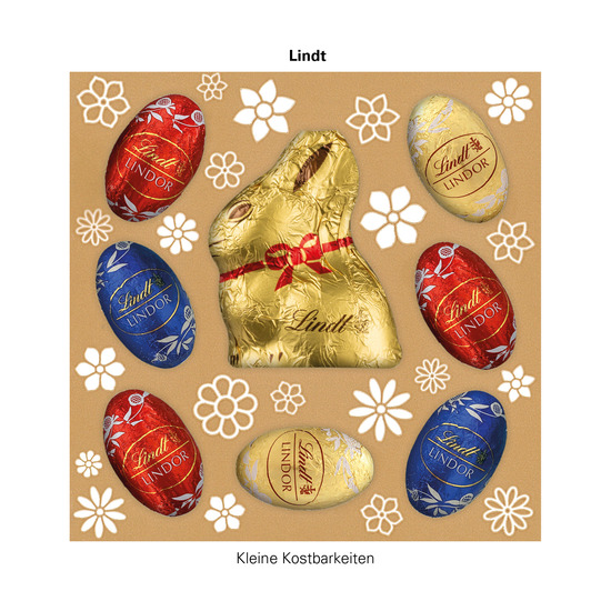 Lindt Präsent Ostern; 7 LINDOR Eiern, bunt gemischt und 1 Goldhase mit Werbeschuber Standard: Karton, weiß, FSC®-Zertifiziert, Inlay: Kunststoff