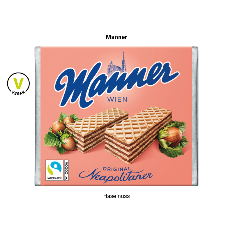 Manner Original; 1 Päckchen Manner Waffel mit Werbeverpackung: Karton, weiß, FSC®-Zertifiziert