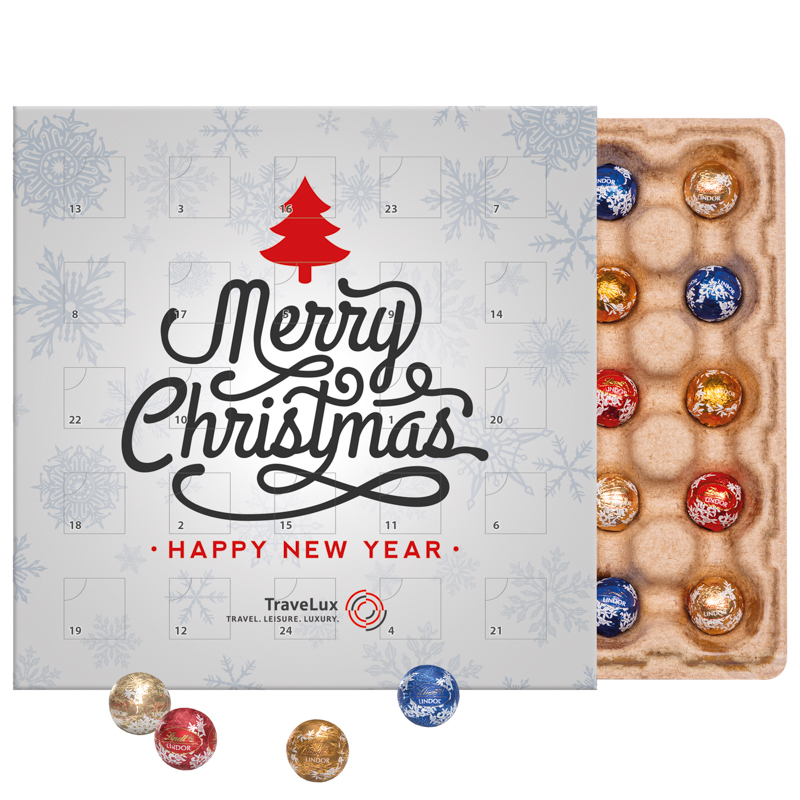 Minikugel Adventskalender; 24 LINDOR Mini Kugeln mit Vollkartonhülle weiß, FSC®-Zertifiziert, Inlay: kompostierbar gemäß EN 13432