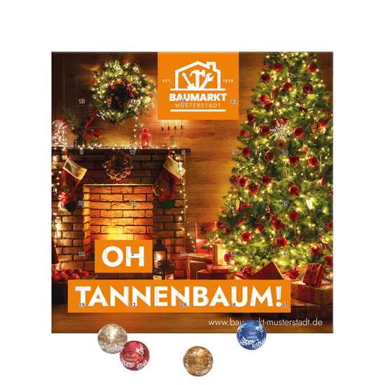 Minikugel Adventskalender; 24 LINDOR Mini Kugeln mit Vollkartonhülle weiß, FSC®-Zertifiziert, Inlay: kompostierbar gemäß EN 13432