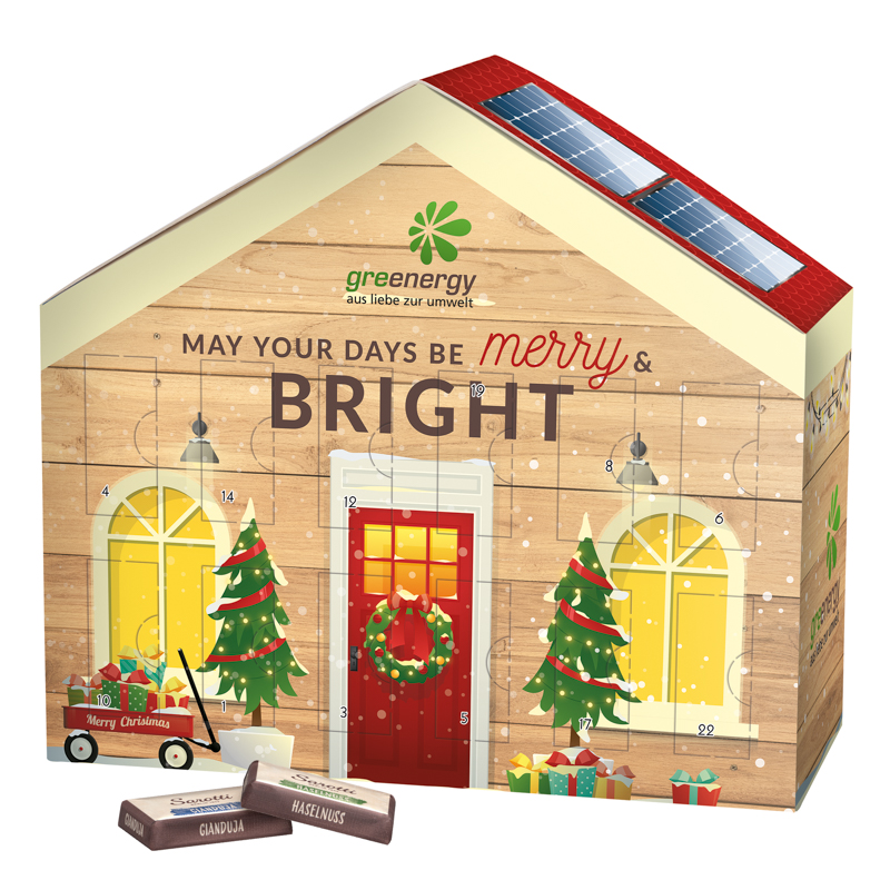 Adventskalender Haus; 24 Sarotti Schokoladentäfelchen, 4 Sorten