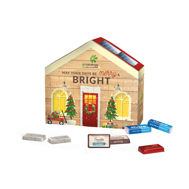 Adventskalender Haus; 24 share Schokotäfelchen