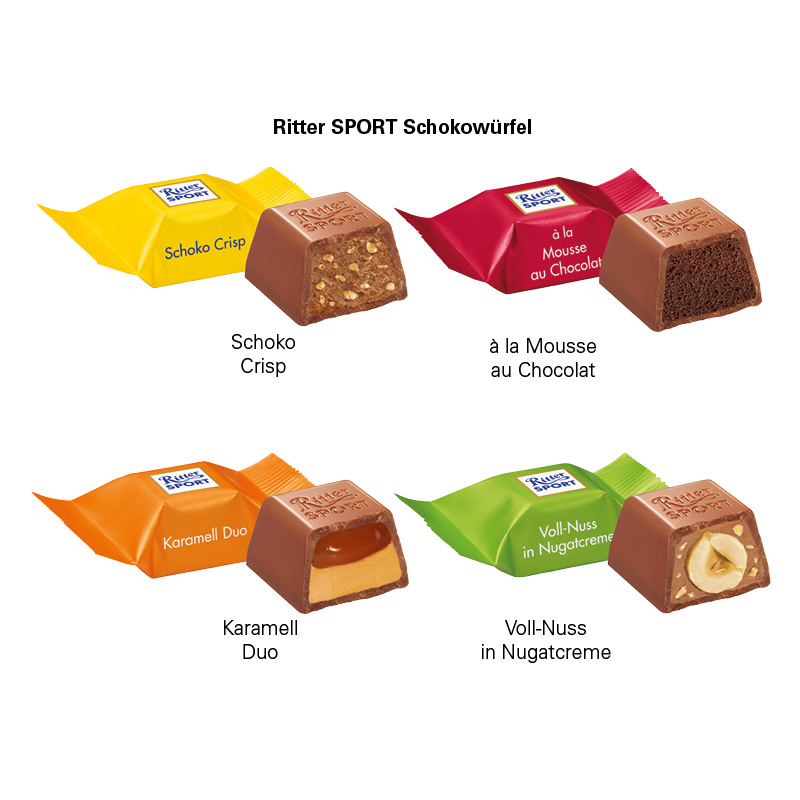 Standbodenbox Ritter SPORT; 2 Ritter SPORT Schokowürfel Vollnuss Nougatcreme (nur sortenrein)