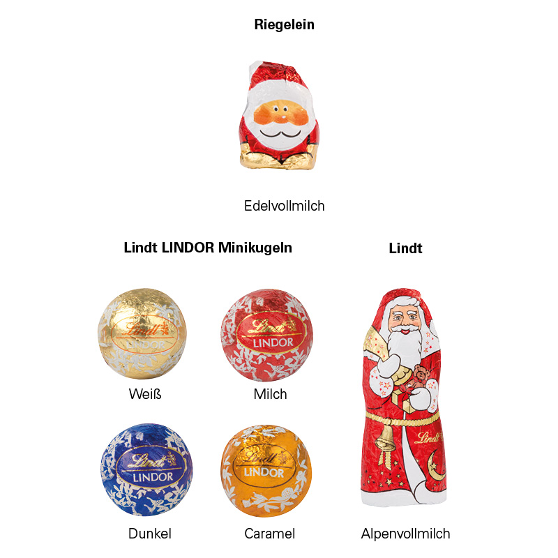 Standbodenbox Weihnachten Lindt; 4 Riegelein Schoko Weihnachtsmänner