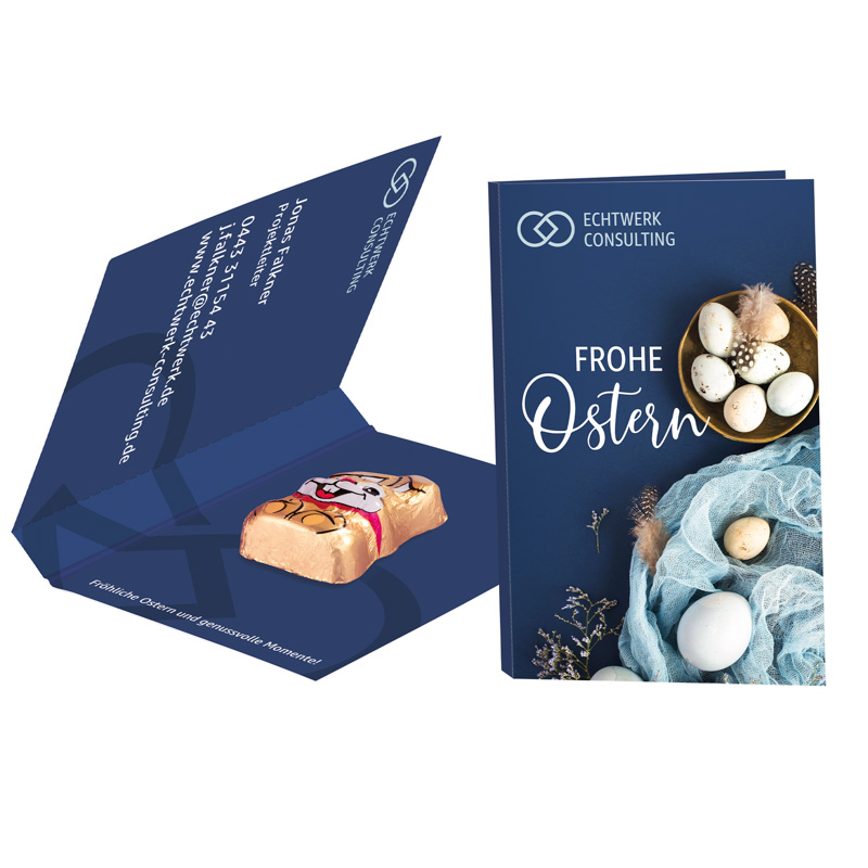 Werbekarte Visitenkartenformat Ostern; 1 Confiserie Riegelein Schoko Hase