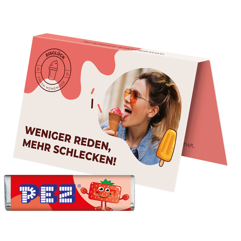 Werbekarte Visitenkartenformat PEZ; 1 PEZ Bonbonriegel, Erdbeere