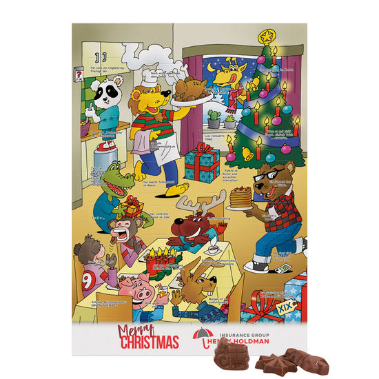 Classic Wand Adventskalender; 24 Friedel Schokoladentäfelchen mit Vollkartonhülle weiß, FSC®-Zertifiziert, Standardmotiv, Hochformat, Hülle und Inlay: recycelbar