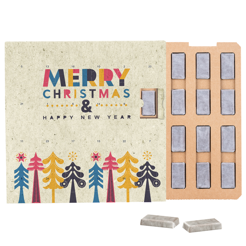 Täfelchen Adventskalender ECO Graspapier; 24 Alpenmilch-Schokotäfelchen