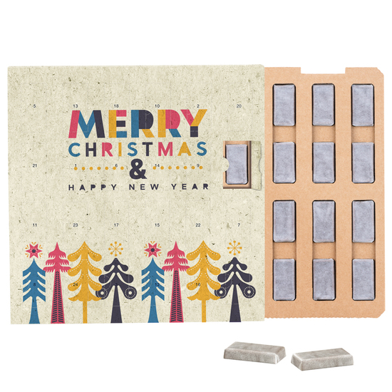 Täfelchen Adventskalender ECO Graspapier; 24 Alpenmilch-Schokotäfelchen
