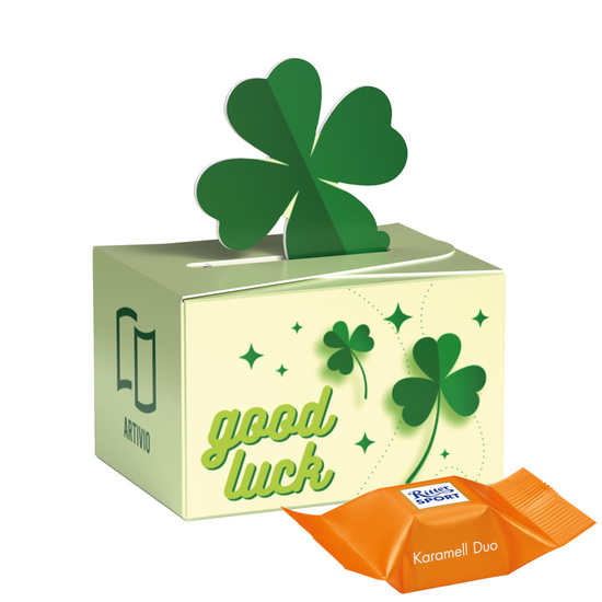 Geschenkbox Mini Kleeblatt; 2 Ritter SPORT Schokowürfel Karamell Dou (nur sortenrein)