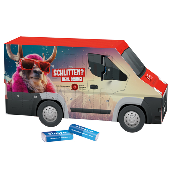 Adventskalender Transporter; 24 share Schokotäfelchen