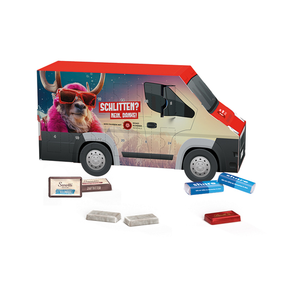 Adventskalender Transporter; 24 Ritter SPORT Schokowürfel, 4 Sorten