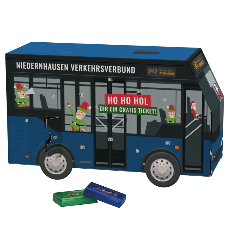 Adventskalender Bus; 24 Lindt Schokotäfelchen