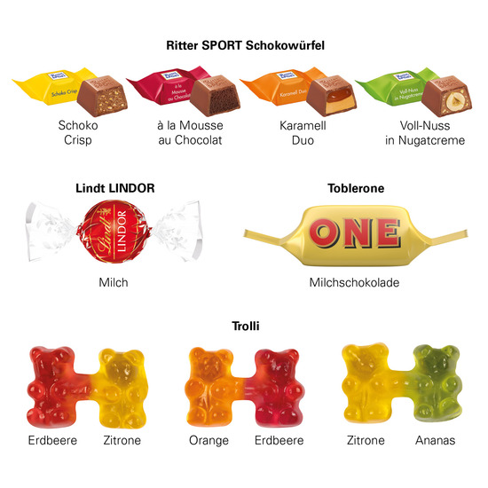 Adventskalender ECO L; 24 Ritter SPORT Schokowürfel, 4 Sorten
