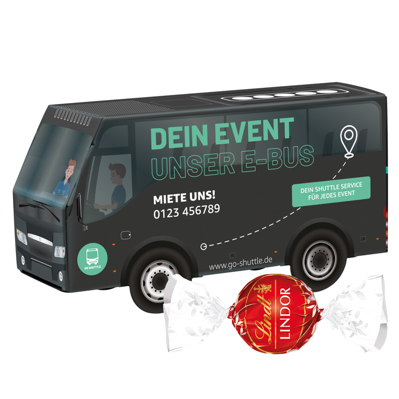 3D Präsent Bus; 1 Beutel mit 3 Lindt LINDOR Milchkugeln