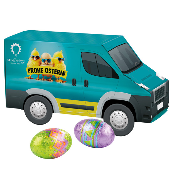 3D Präsent Transporter Ostern; 1 Beutel mit 5 Klett Schoko-Ostereiern