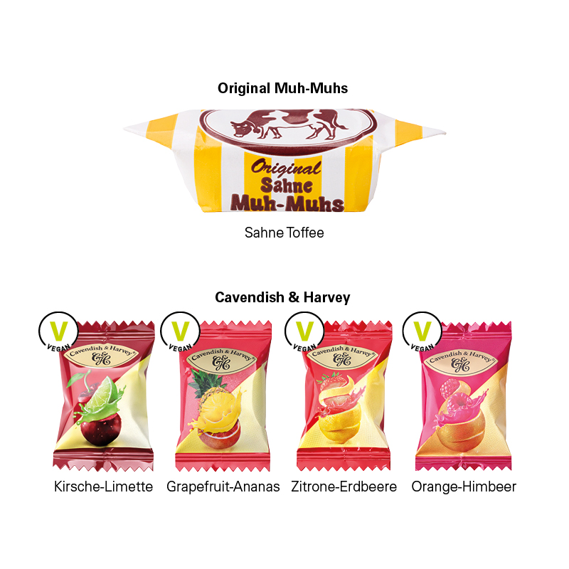 Geschenkbox Midi Schleife; 6 Original Sahne Muh-Muhs Toffees