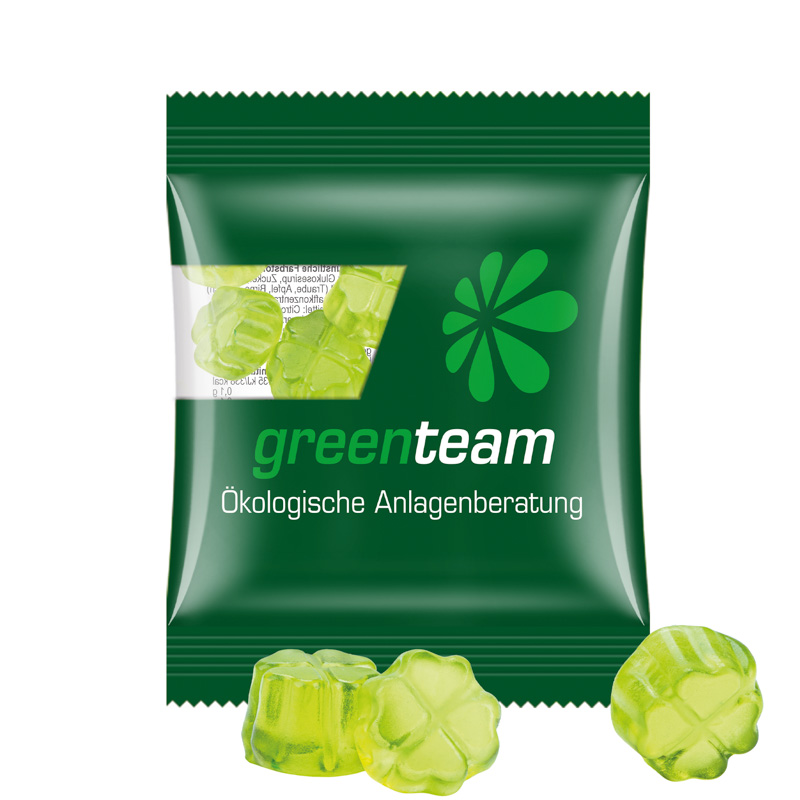 Minitüte 10 g Trolli Fruchtgummi Standardformen; Trolli Fruchtgummi Kleeblatt grün, Kompostierbare Folie, transparent
