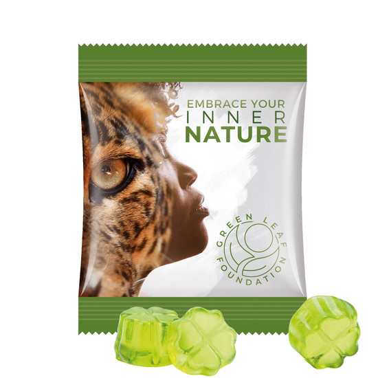 Minitüte 10 g Trolli Fruchtgummi Standardformen; Trolli Fruchtgummi Kleeblatt grün, Folie, weiß