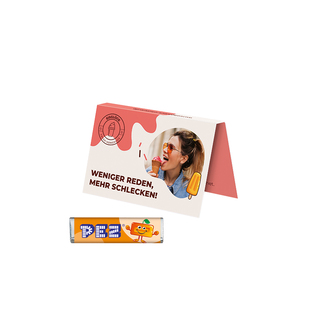 Werbekarte Visitenkartenformat, PEZ Bonbonriegel Orange