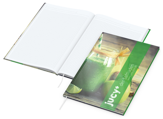Notizbuch Memo-Book Umfang klein Hardcover individuell bedruckt, DIN A4, Lineatur Winkelkaro, Einband-Oberfläche glänzend