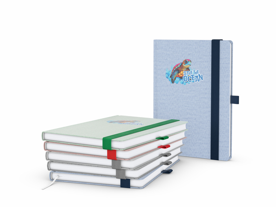 Notizbuch Ocean-Book RECYCLING rPET-Hardcover farbig A5, Lineatur Punktraster, Material-Infoblatt ja