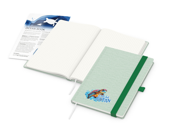 Notizbuch Ocean-Book RECYCLING rPET-Hardcover farbig A5, Lineatur Punktraster, Material-Infoblatt ja